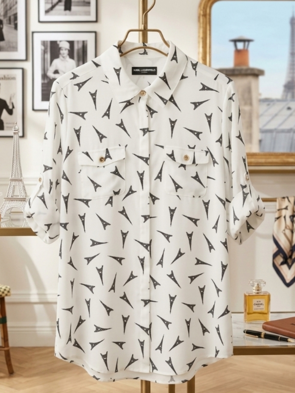 Karl Lagerfeld Paris NWT White Eiffel Tower Print Blouse